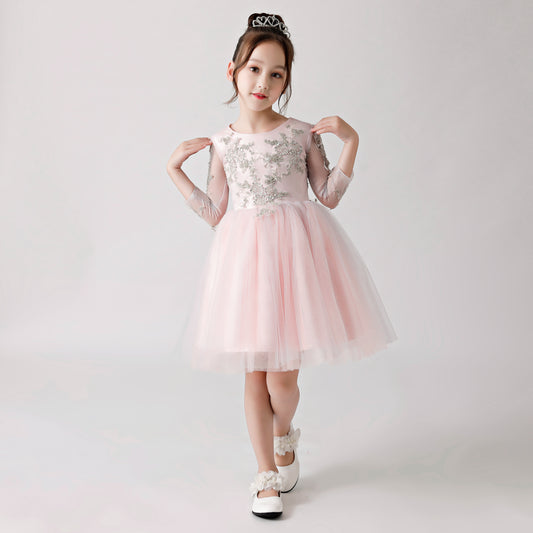 ly3179 Pink Chiffon Flower Girl Poncho Dress with Silver Prints