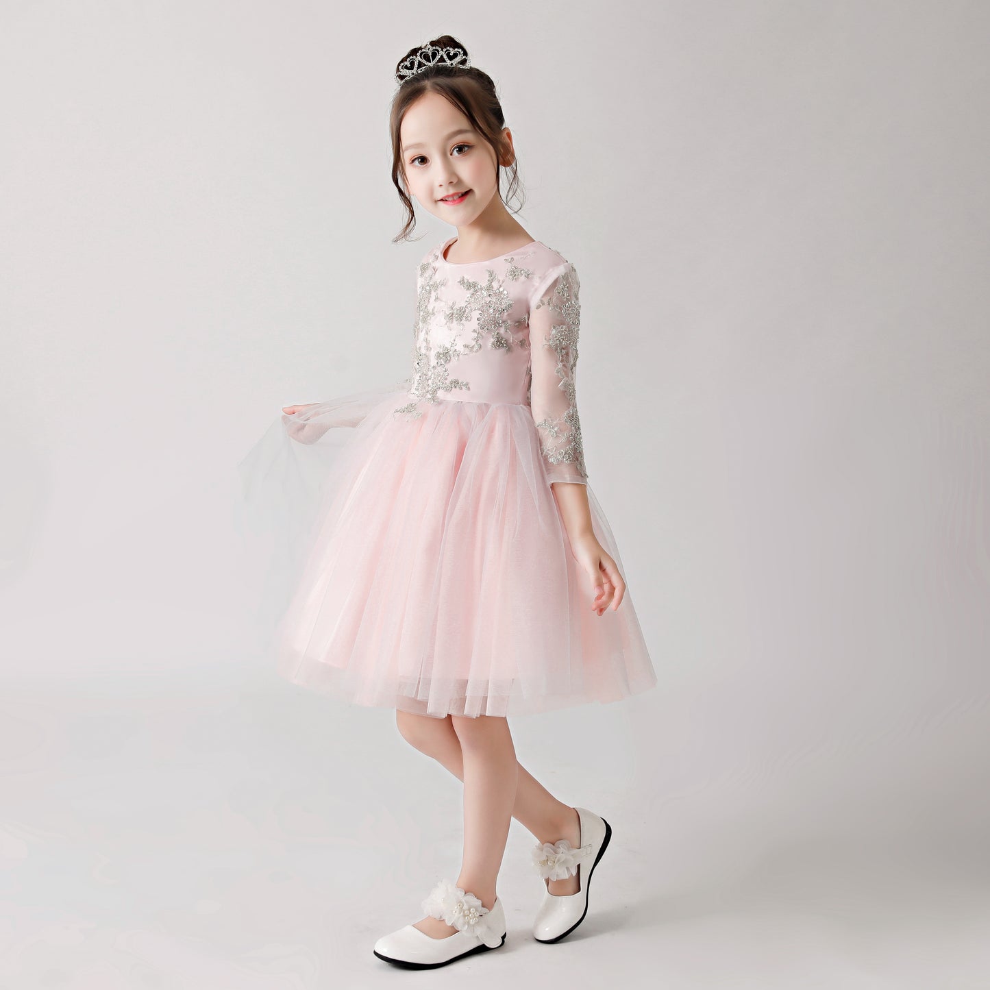 ly3179 Pink Chiffon Flower Girl Poncho Dress with Silver Prints