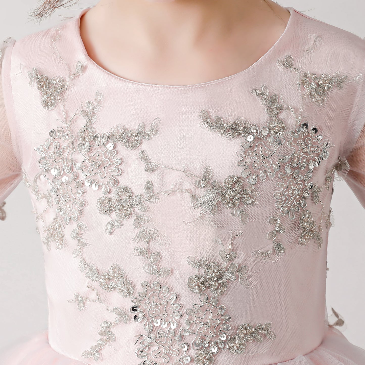 ly3179 Pink Chiffon Flower Girl Poncho Dress with Silver Prints