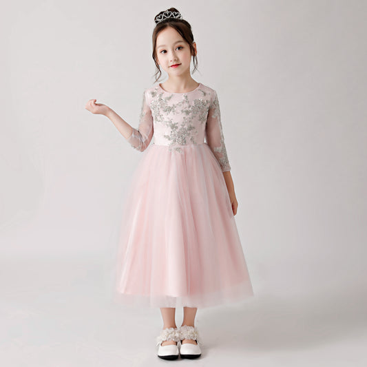 ly3180 Pink Chiffon Flower Girl Long Dress with Silver Prints