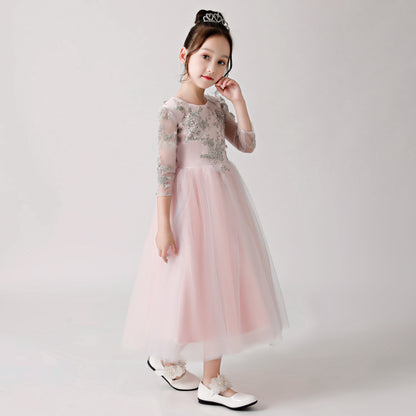 ly3180 Pink Chiffon Flower Girl Long Dress with Silver Prints