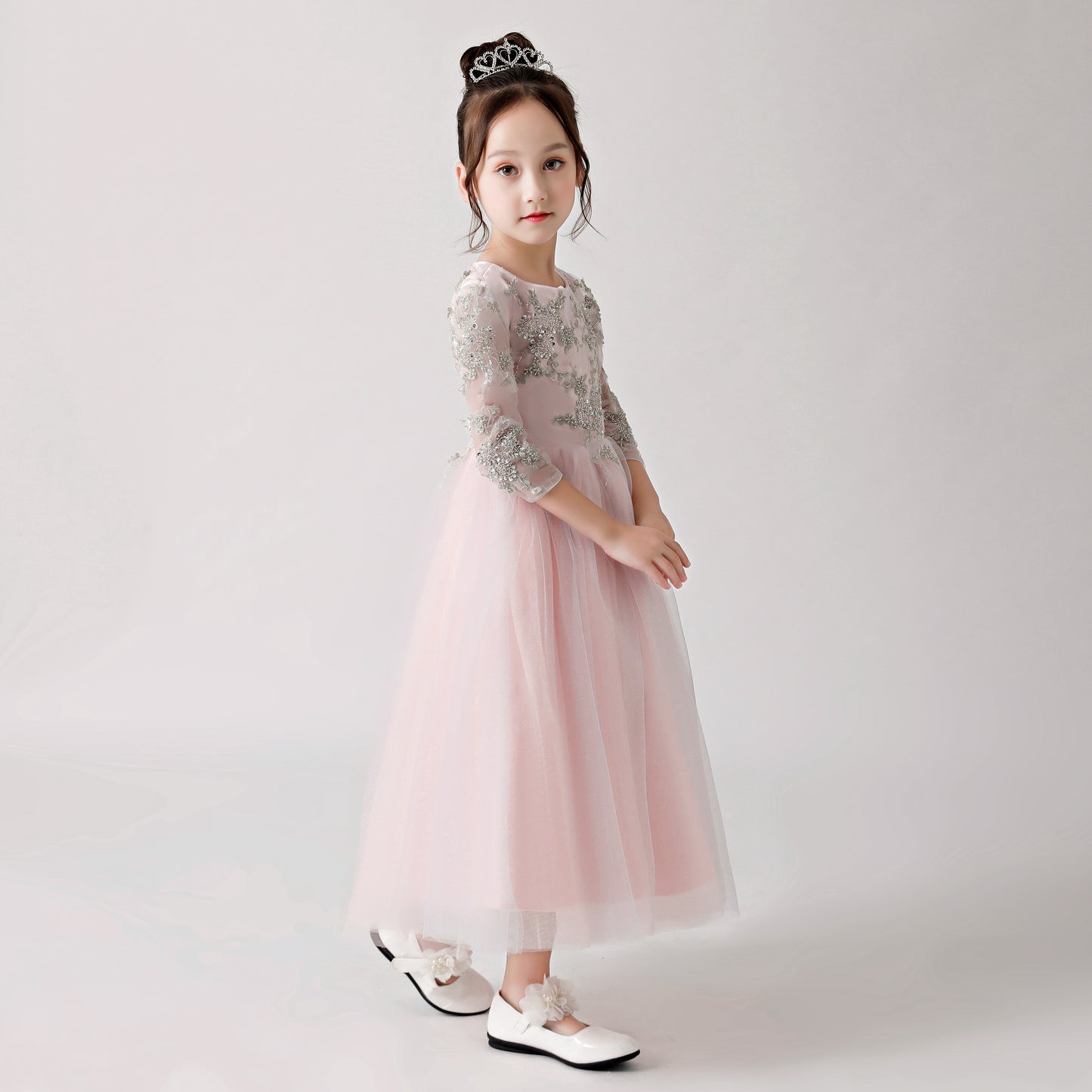 ly3180 Pink Chiffon Flower Girl Long Dress with Silver Prints