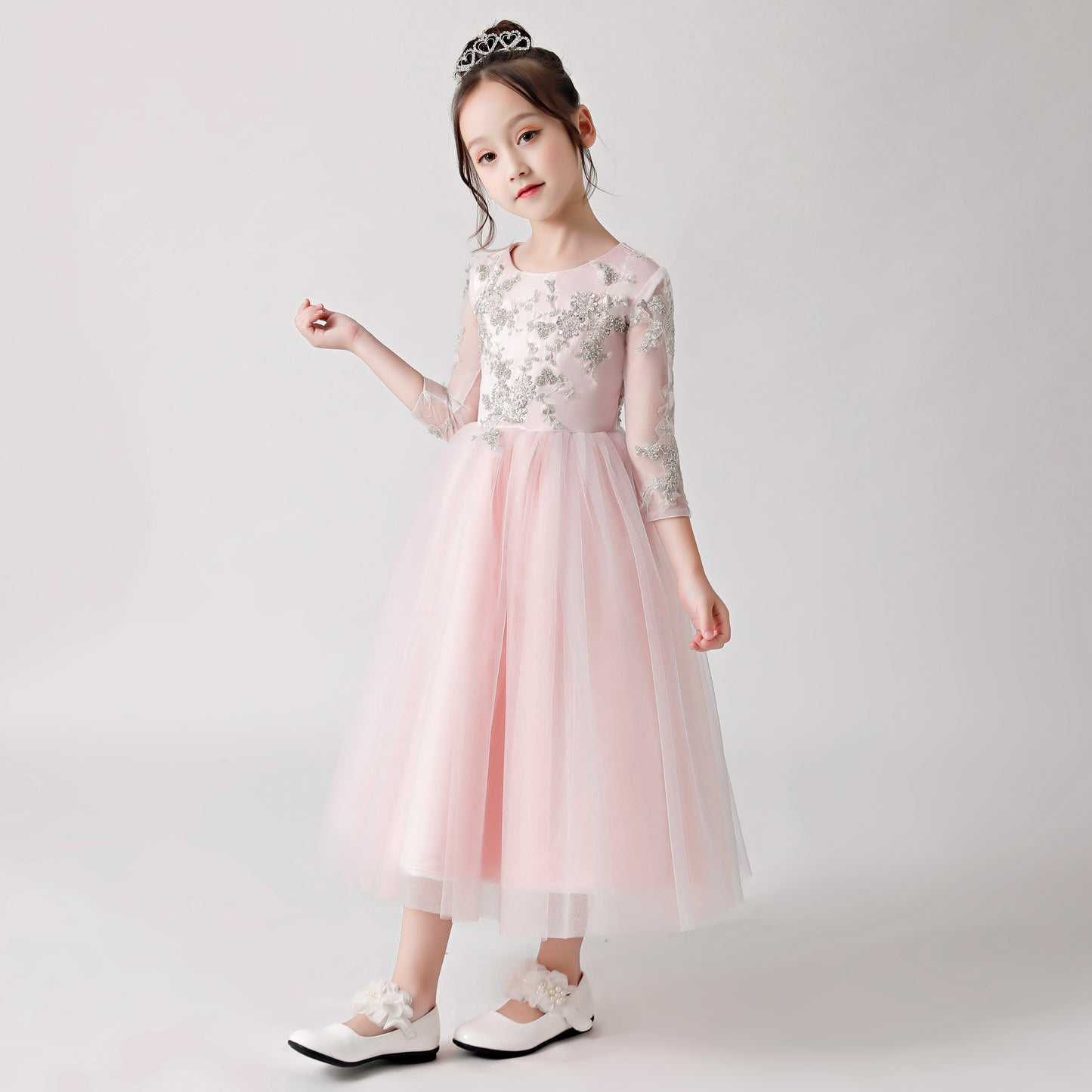 ly3180 Pink Chiffon Flower Girl Long Dress with Silver Prints