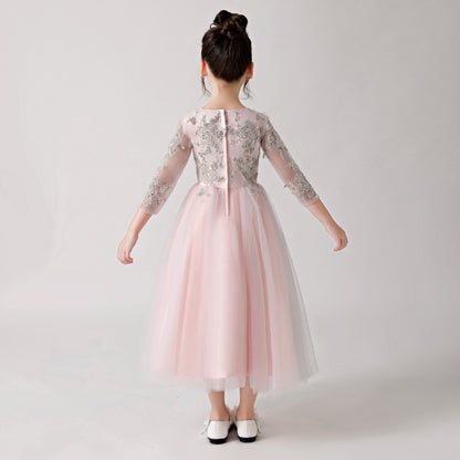 ly3180 Pink Chiffon Flower Girl Long Dress with Silver Prints