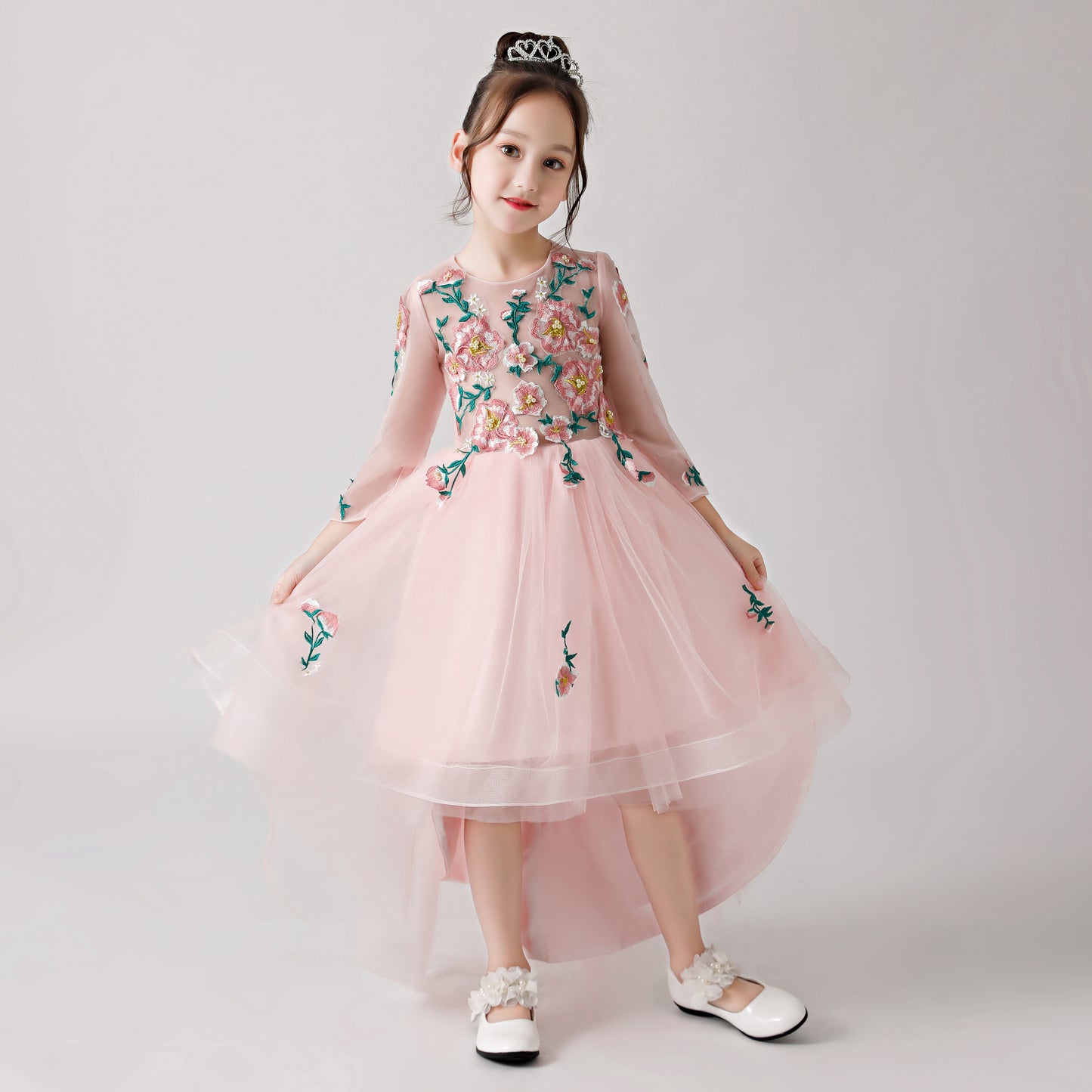 ly3181 Pink Chiffon Flower Girl Long Dress with Colorful Flower Prints