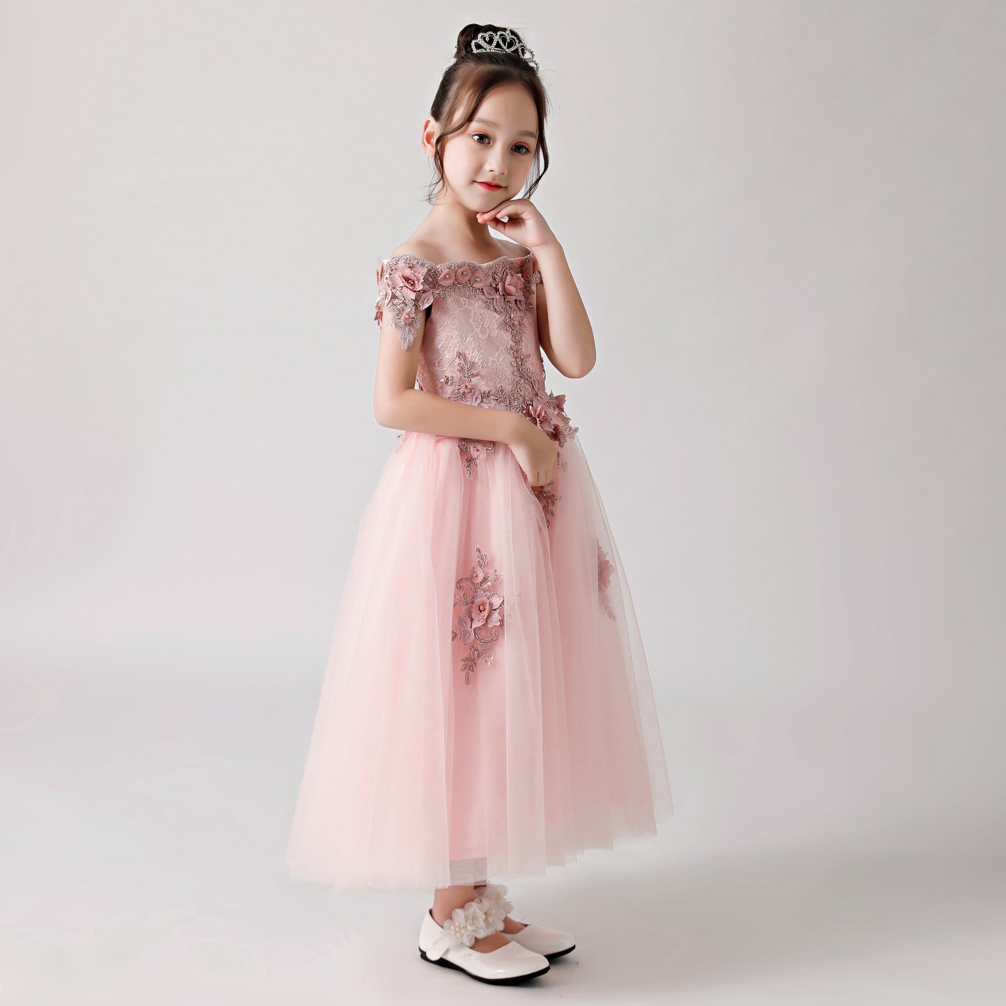 ly3182 Pink Rose Print Embroidered Chiffon Flower Girl Long Dress For Wedding, Party, Occations