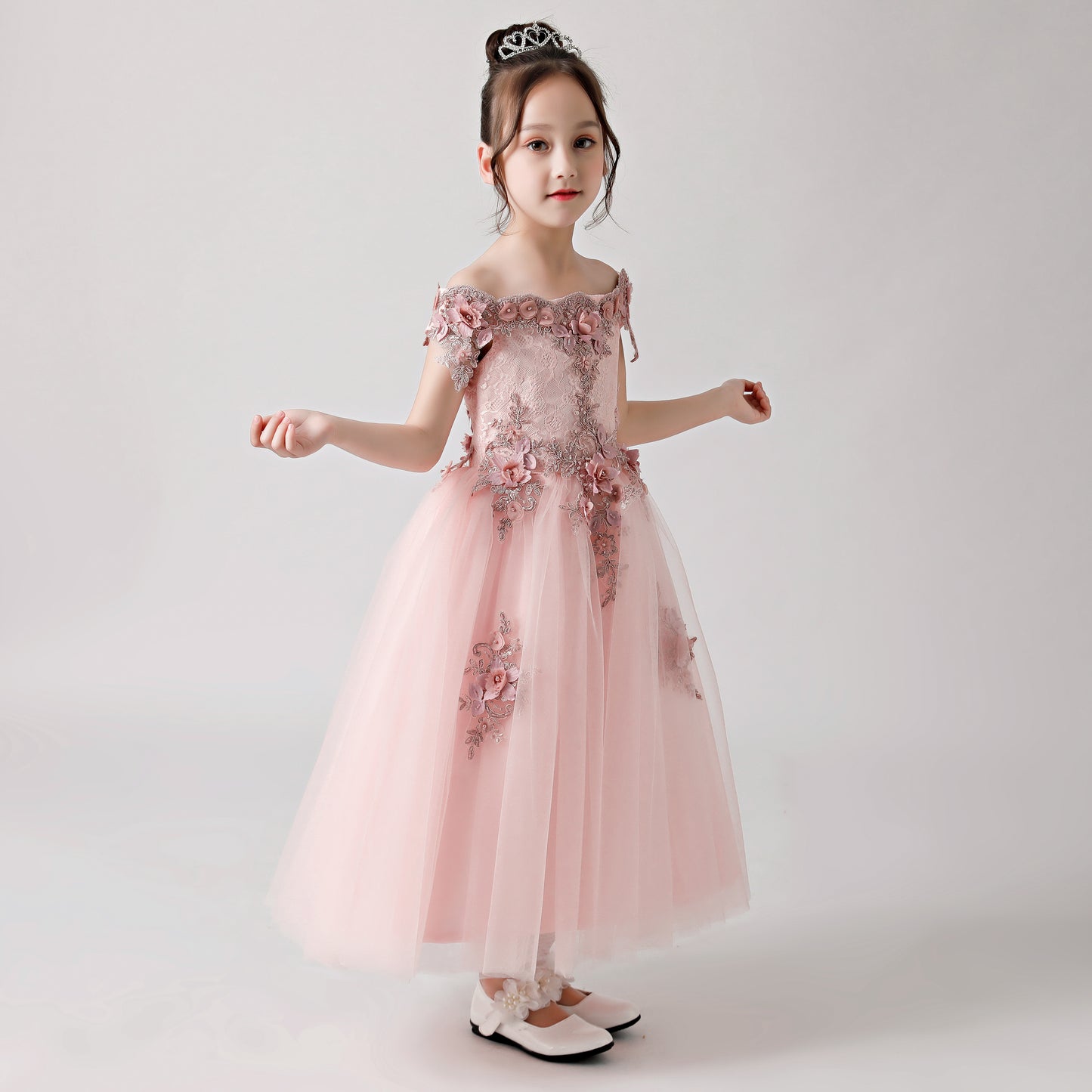 ly3182 Pink Rose Print Embroidered Chiffon Flower Girl Long Dress For Wedding, Party, Occations