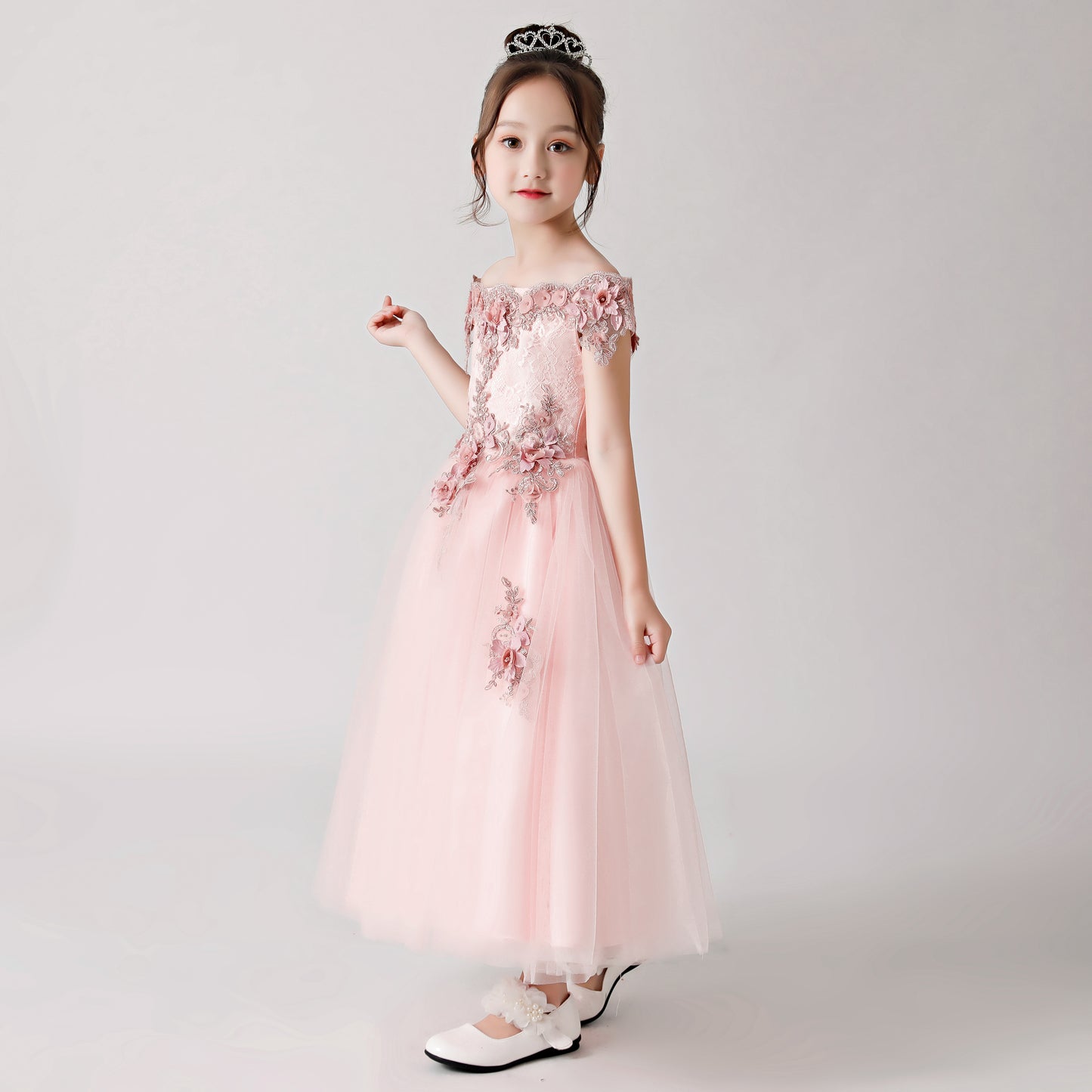 ly3182 Pink Rose Print Embroidered Chiffon Flower Girl Long Dress For Wedding, Party, Occations