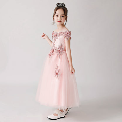 ly3182 Pink Rose Print Embroidered Chiffon Flower Girl Long Dress For Wedding, Party, Occations