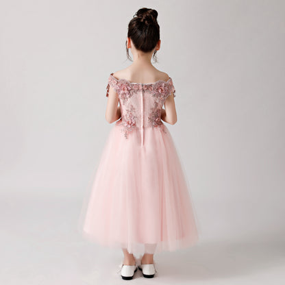 ly3182 Pink Rose Print Embroidered Chiffon Flower Girl Long Dress For Wedding, Party, Occations