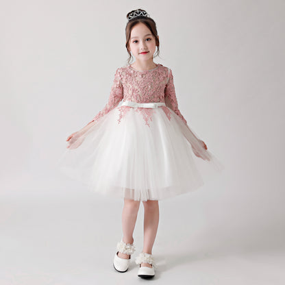 ly3183 Pink and White Printed Chiffon Flower Girl Poncho Dress