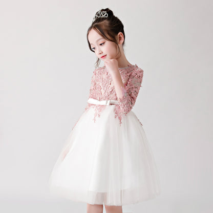 ly3183 Pink and White Printed Chiffon Flower Girl Poncho Dress