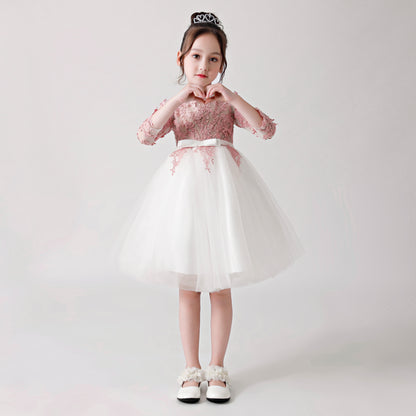 ly3183 Pink and White Printed Chiffon Flower Girl Poncho Dress