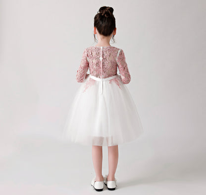 ly3183 Pink and White Printed Chiffon Flower Girl Poncho Dress