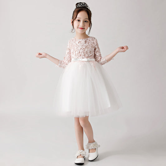 ly3184 White Printed Chiffon Flower Girl Poncho Dress