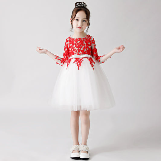 ly3185 Red Printed Chiffon Flower Girl Poncho Dress