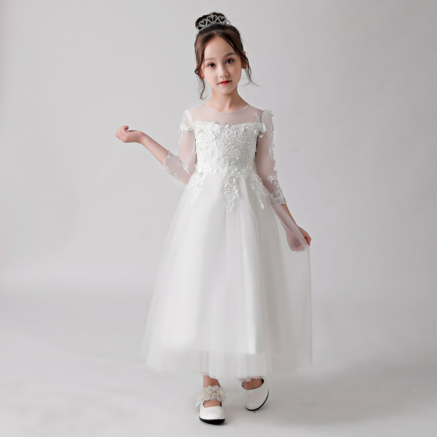 ly3186 White Printed Sheer Chiffon Flower Girl Gown Dress