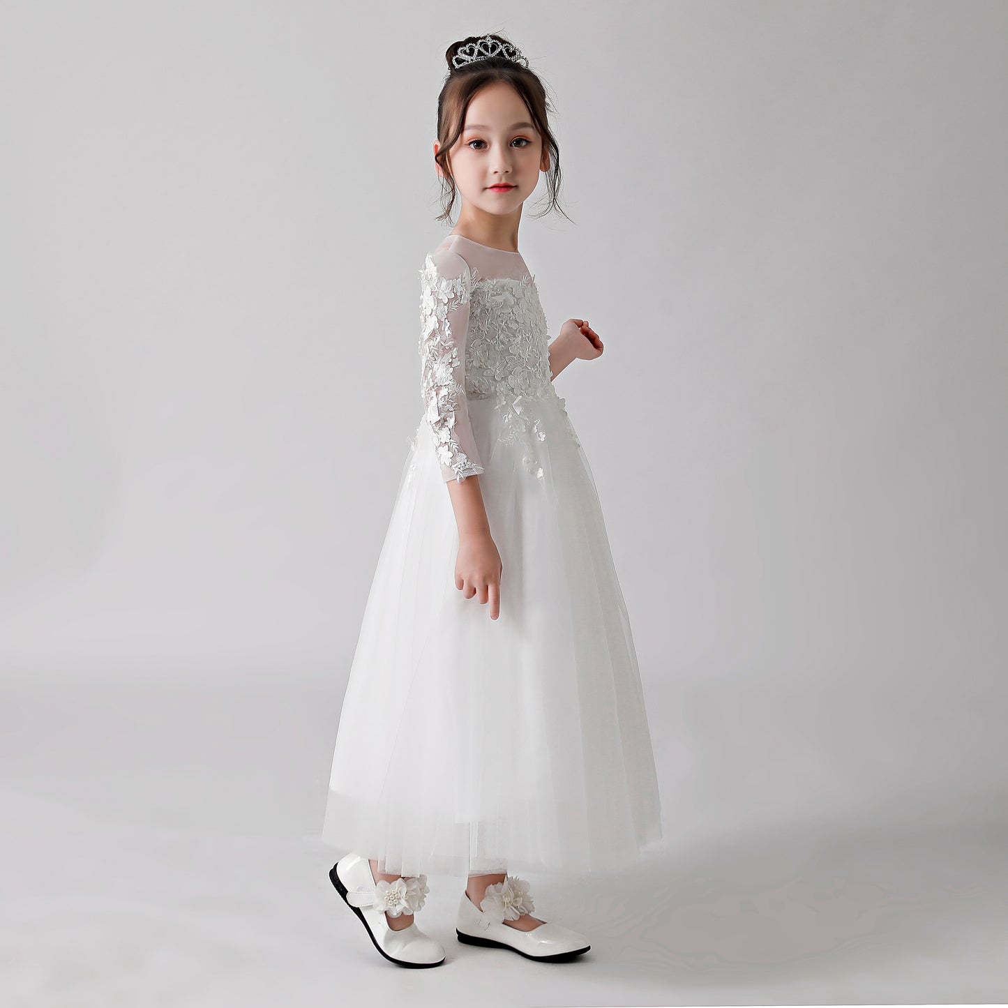 ly3186 White Printed Sheer Chiffon Flower Girl Gown Dress