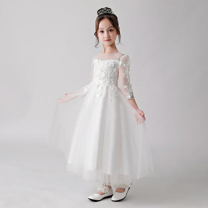 ly3186 White Printed Sheer Chiffon Flower Girl Gown Dress