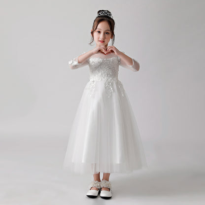 ly3186 White Printed Sheer Chiffon Flower Girl Gown Dress