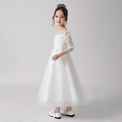 ly3186 White Printed Sheer Chiffon Flower Girl Gown Dress