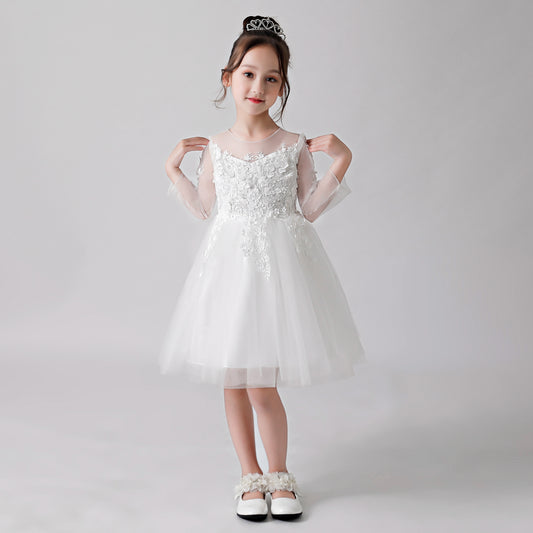 ly3187 White Printed Sheer Chiffon Flower Girl Puffy Dress