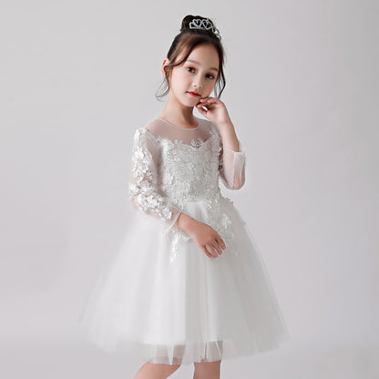 ly3187 White Printed Sheer Chiffon Flower Girl Puffy Dress