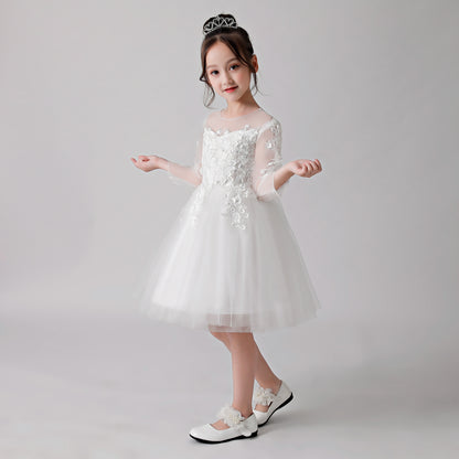 ly3187 White Printed Sheer Chiffon Flower Girl Puffy Dress