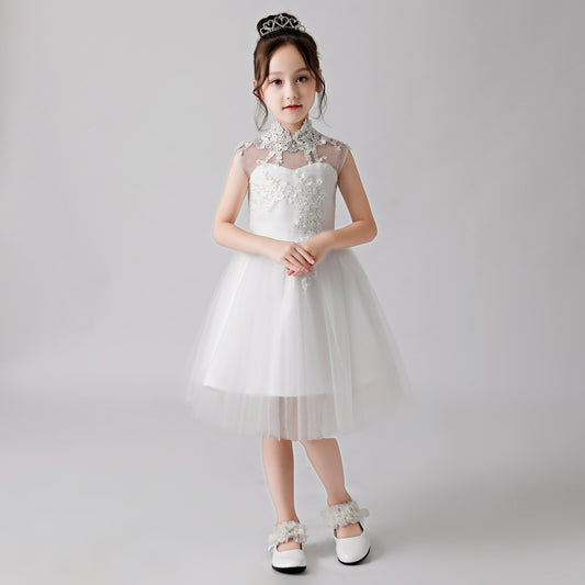 ly3188 White Embroidered Printed Cheongsam Flower Girl Puffy Dress