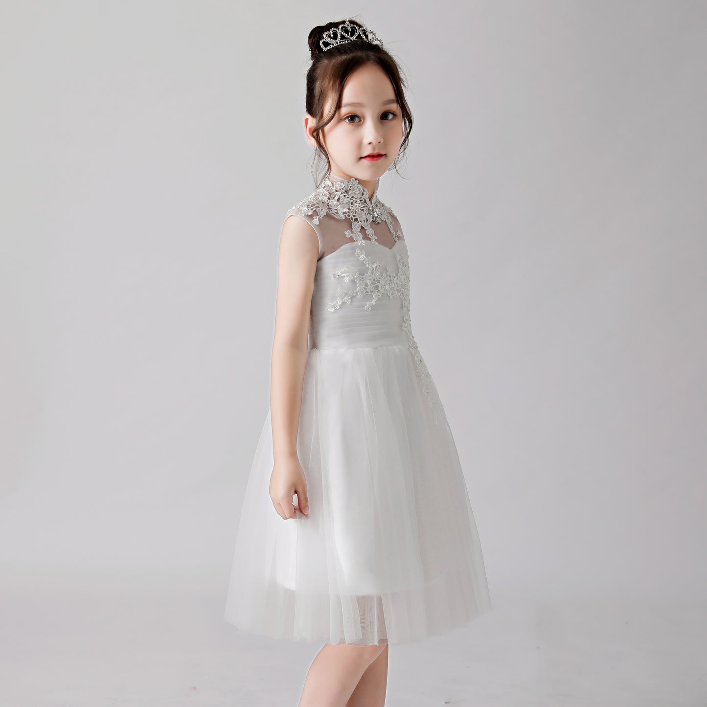 ly3188 White Embroidered Printed Cheongsam Flower Girl Puffy Dress