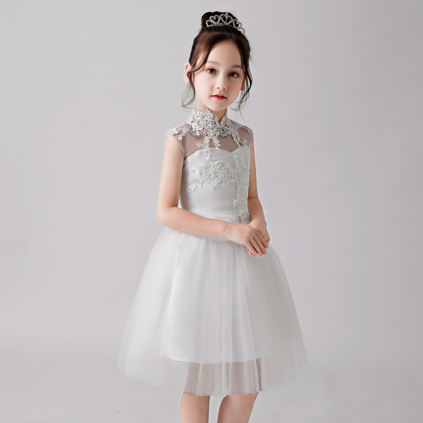 ly3188 White Embroidered Printed Cheongsam Flower Girl Puffy Dress