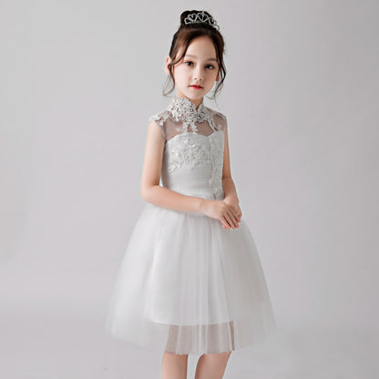 ly3188 White Embroidered Printed Cheongsam Flower Girl Puffy Dress