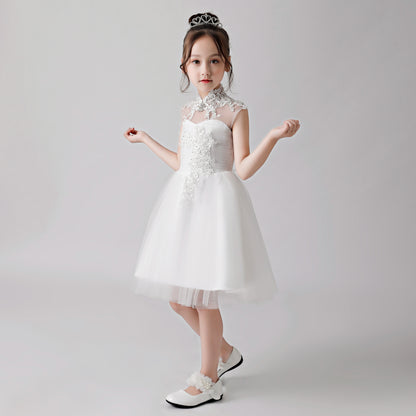 ly3188 White Embroidered Printed Cheongsam Flower Girl Puffy Dress