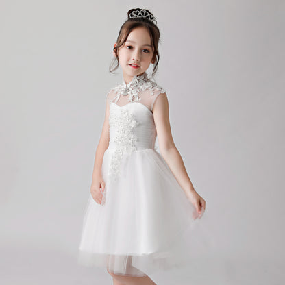 ly3188 White Embroidered Printed Cheongsam Flower Girl Puffy Dress