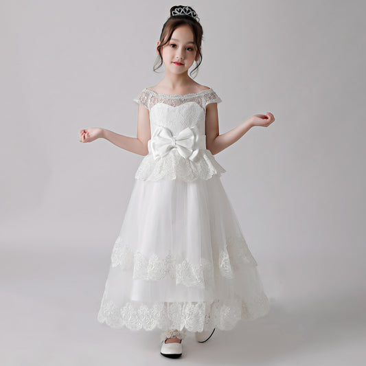 ly3189 White Printed Bow Flower Girl Ruffle Gown Dress