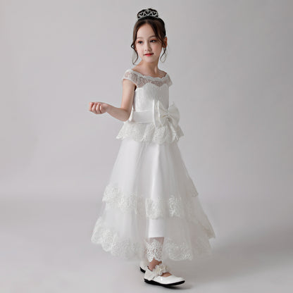 ly3189 White Printed Bow Flower Girl Ruffle Gown Dress