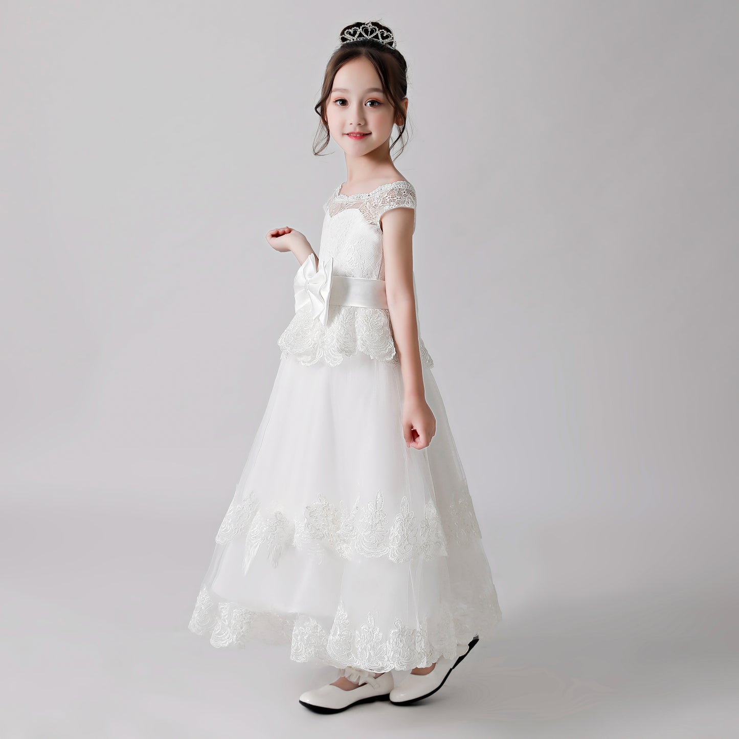 ly3189 White Printed Bow Flower Girl Ruffle Gown Dress