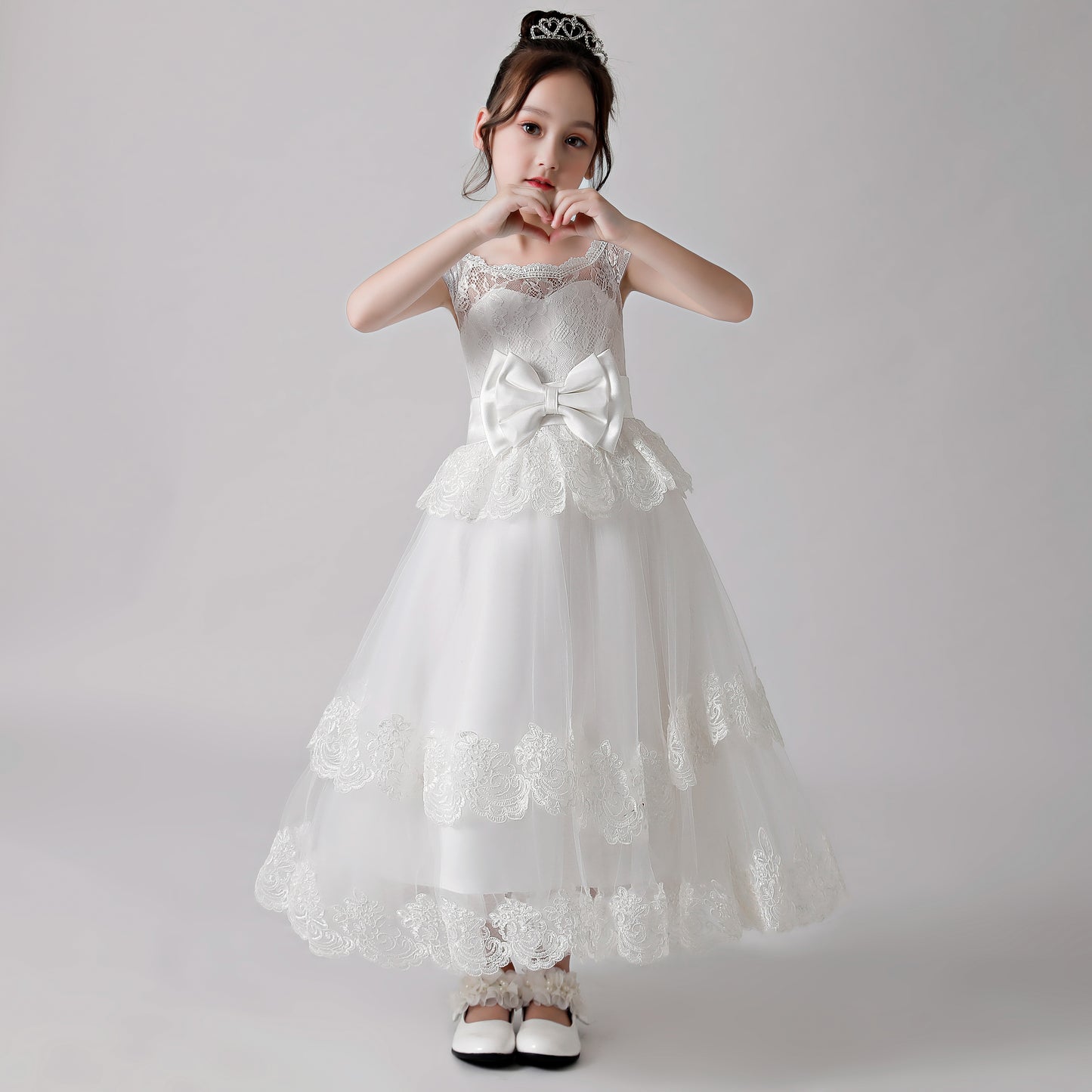 ly3189 White Printed Bow Flower Girl Ruffle Gown Dress