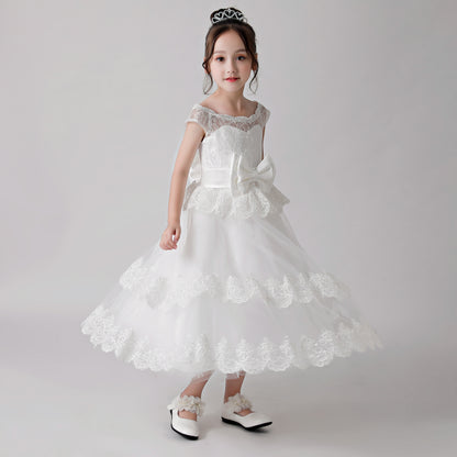 ly3189 White Printed Bow Flower Girl Ruffle Gown Dress