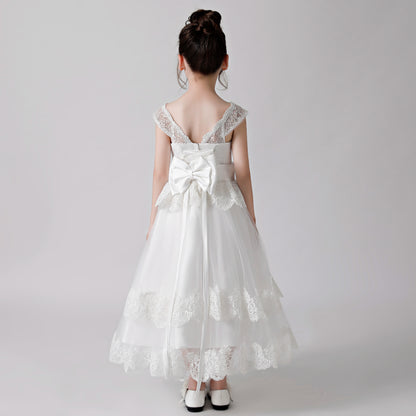 ly3189 White Printed Bow Flower Girl Ruffle Gown Dress