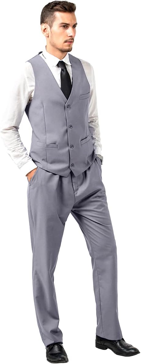 ly1783 Mens Slim Fit 2 Piece Suit Set V-Neck Solid Dress Suit Vest Pants Wedding Prom Tuxedo for Men