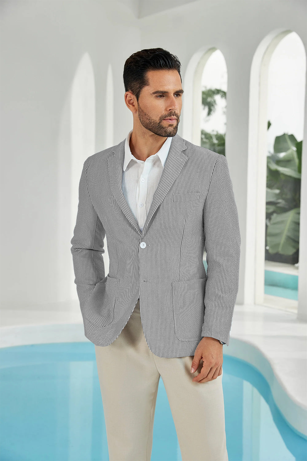 ly1111 Seersucker Striped Men's Summer Blazer