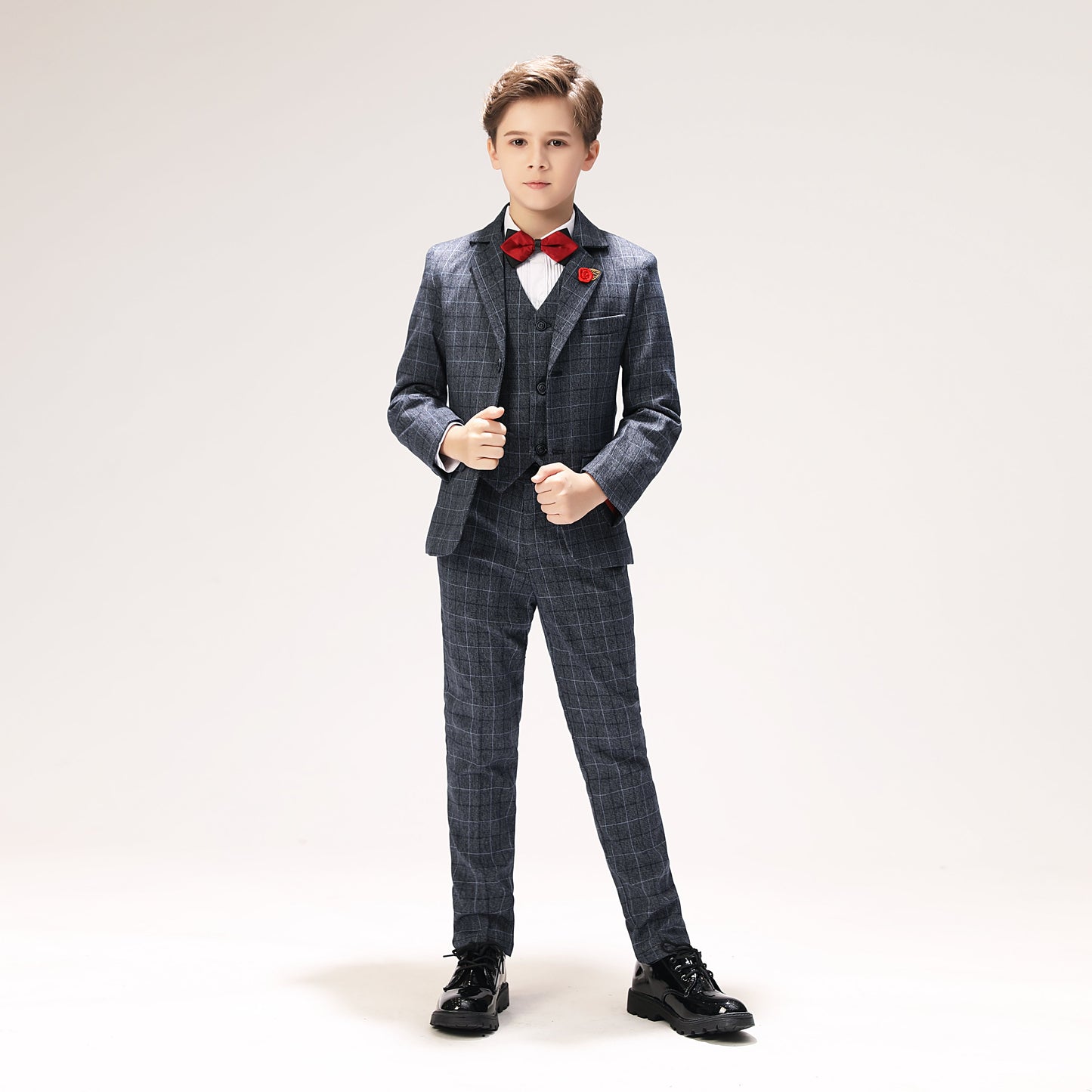 ly1275 Grey Plaid Elegant 5 Piece Boys Suits