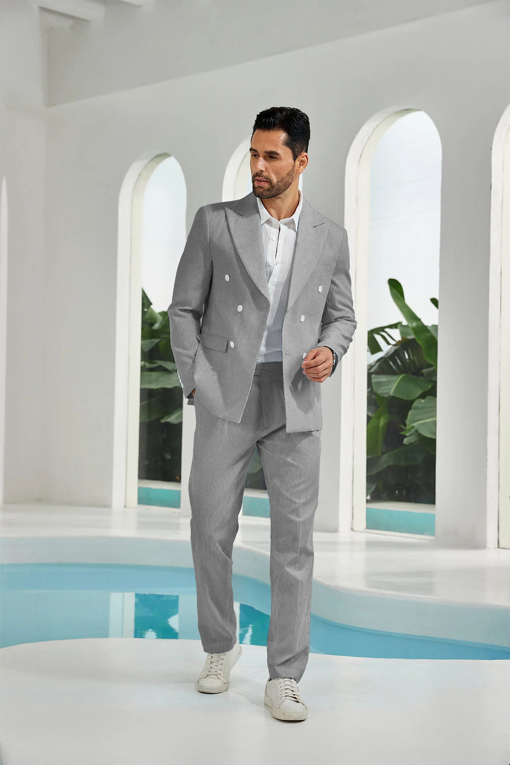 ly1113 Seersucker Double Breasted Blazer Pants 2 Piece Men's Summer Suit