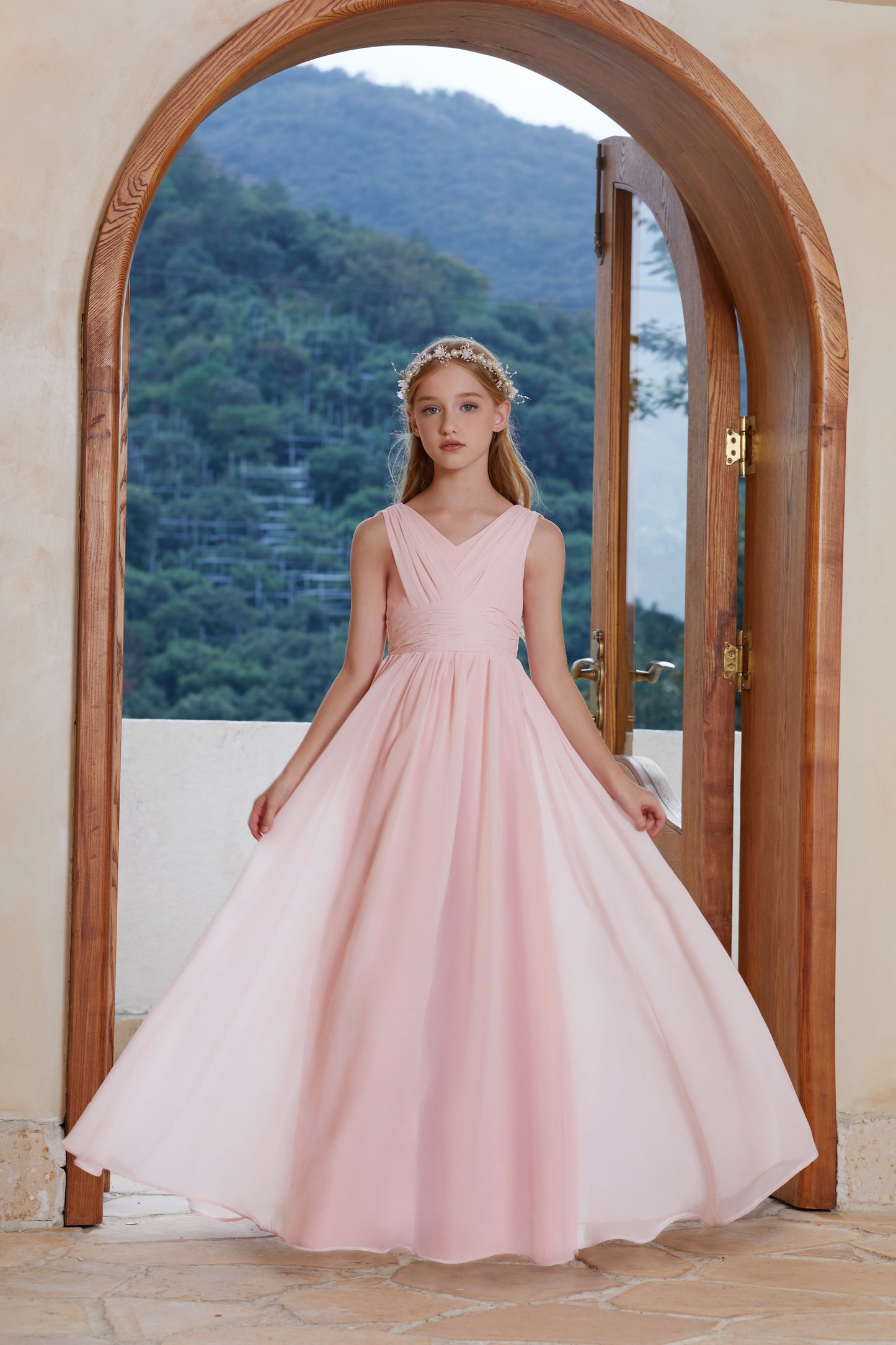 ly3119 Pink V-neck Sleeveless Chiffon Flower Girl Gown Dress For Wedding, Party, Occations