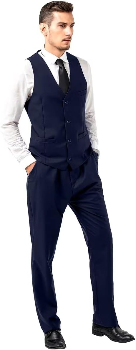 ly1783 Mens Slim Fit 2 Piece Suit Set V-Neck Solid Dress Suit Vest Pants Wedding Prom Tuxedo for Men