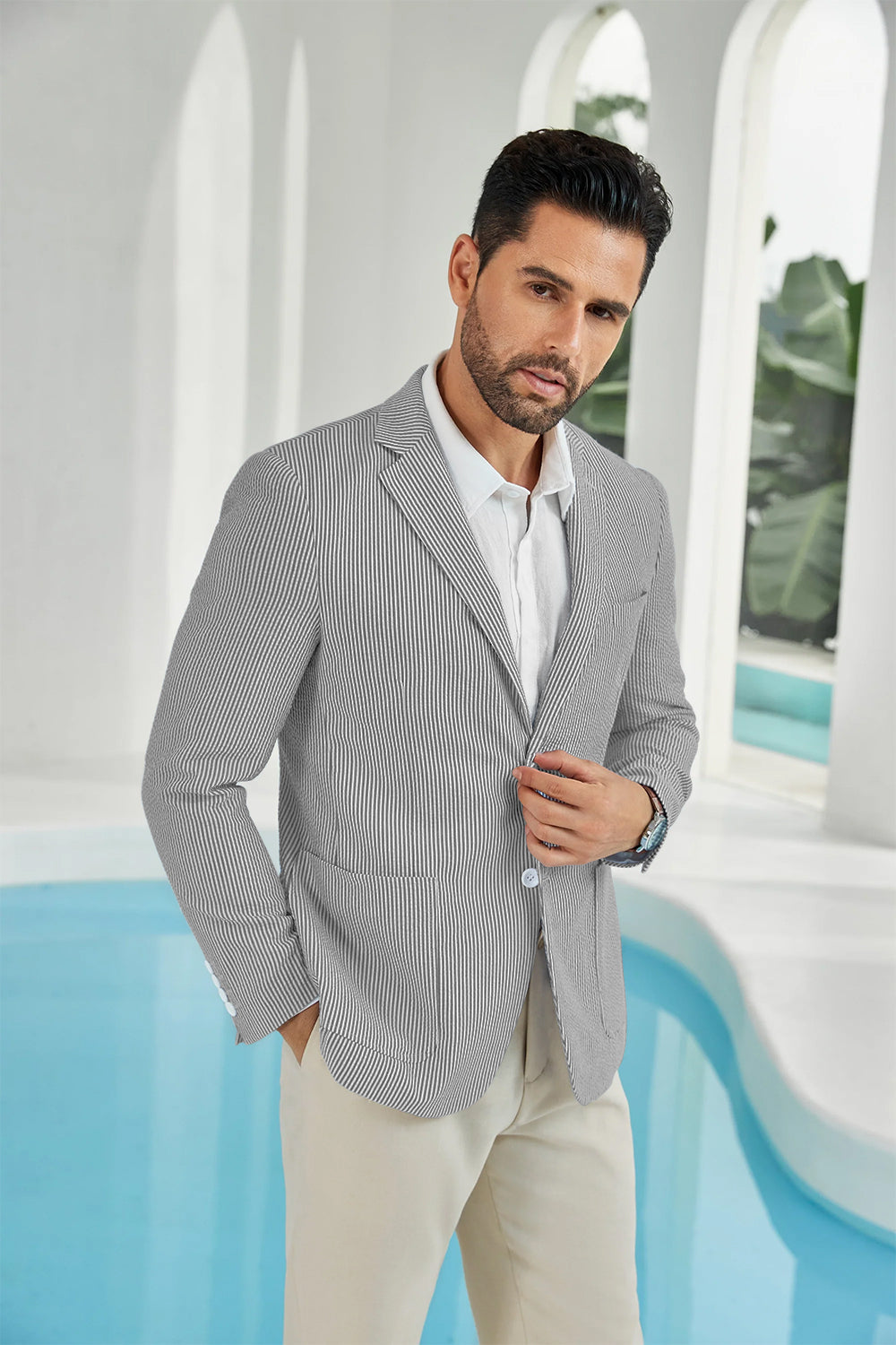 ly1111 Seersucker Striped Men's Summer Blazer