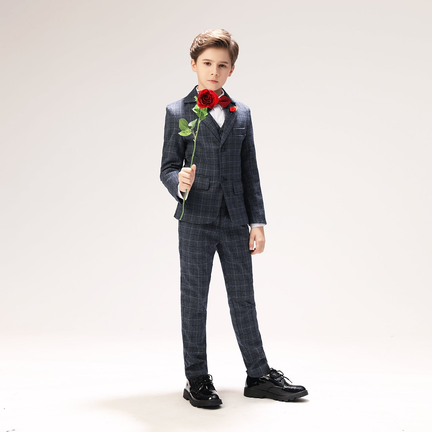 ly1275 Grey Plaid Elegant 5 Piece Boys Suits