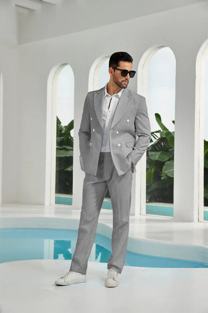 ly1113 Seersucker Double Breasted Blazer Pants 2 Piece Men's Summer Suit