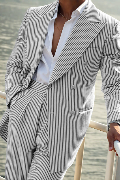 ly1126 Seersucker Striped Long Blazer Pants 2 Piece Men's Suit